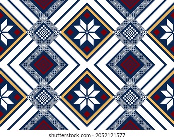 Navy Blue crimson red Geometric ethnic oriental seamless pattern thai traditional Design for background,carpet,wallpaper,clothing,wrapping,Batik,fabric,Vector illustration.embroidery style