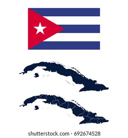 Navy Blue Cuba Map and Flag isolated on white background. Vector illustration eps 10.