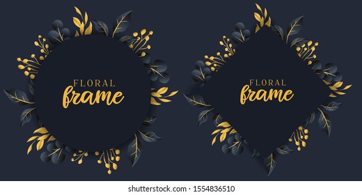 Navy Blue Dark And Golden Theme Leaves And Buds Frames For Wedding Invitation Cards