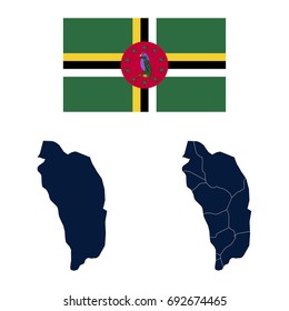 Navy Blue Dominica Map and Flag isolated on white background. Vector illustration eps 10.