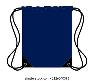 Navy Blue Drawstring Bag With Black Rope Design On White Background, Flat Lay, Vector File.
