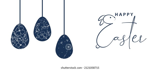 Huevos azul marino adornados con flores colgando de fondo blanco. Ilustración vectorial para banner, portada, venta y más. Feliz texto de Pascua. Copiar espacio.