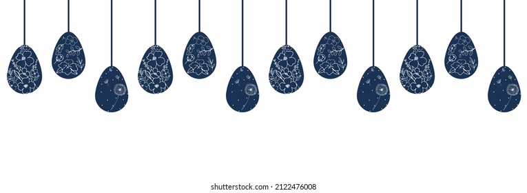 Navy blue eggs ornate with flowers hanging on white background horizontal seamless pattern. Vector illustration for banner, cover, sale and more. Happy Easter. Copy space for your text.