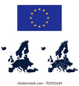 Navy Blue Europe Map and Flag isolated on white background. Vector illustration eps 10.