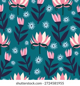 Navy blue floral pattern with pink, yellow, and small blue flowers on branches.
Perfect for textiles, stationery, home decor, wrapping paper, and digital backgrounds.