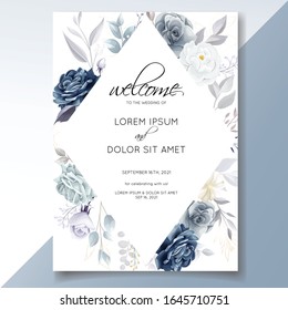 Navy Blue Floral Wedding Invitation Card Template With Golden Leaves And Watercolor Frame