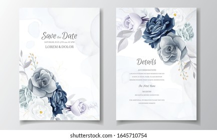 Navy blue floral wedding invitation card template with golden leaves and watercolor frame