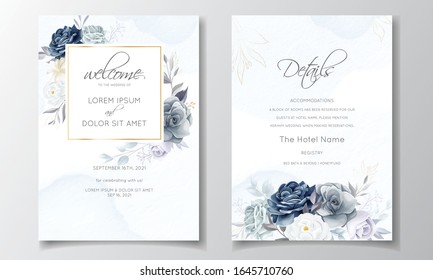 Navy blue floral wedding invitation card template with golden leaves and watercolor frame