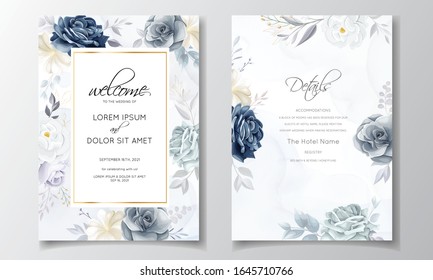 Navy blue floral wedding invitation card template with golden leaves and watercolor frame