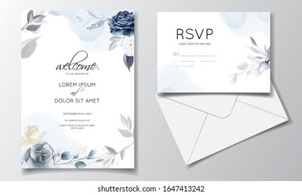 Navy blue floral wedding invitation card template with golden leaves and watercolor frame