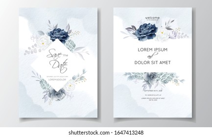 Navy blue floral wedding invitation card template with golden leaves and watercolor frame