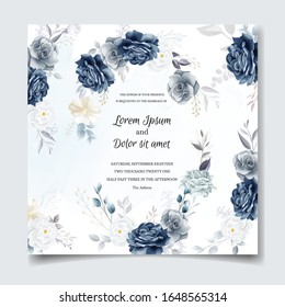 Navy blue floral wedding invitation card template with golden leaves and watercolor frame