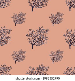 Siluetas de árboles de selva azul marino sin fisuras. Fondo rosa. Fondo de estilo floral minimalista. Ilustración bursátil. Diseño vectorial para textiles, tela, giftwrap, papel pintado.