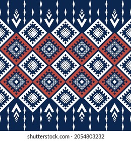 Navy Blue Geometric ethnic oriental seamless pattern thai traditional Design for background,carpet,wallpaper,clothing,wrapping,Batik,fabric,Vector illustration.embroidery style