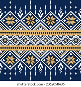 Navy Blue Geometric ethnic oriental seamless pattern thai traditional Design for background,carpet,wallpaper,clothing,wrapping,Batik,fabric,Vector illustration.embroidery style