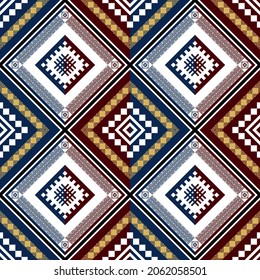 Navy Blue Geometric ethnic oriental seamless pattern thai traditional Design for background,carpet,wallpaper,clothing,wrapping,Batik,fabric,Vector illustration.embroidery style