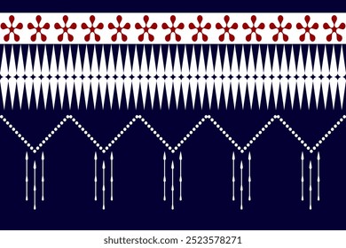 Padrão Tribal Geométrico Azul Marinho com Elementos Florais e de Seta Branca Vermelhos