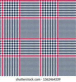 
Navy Blue Glen Plaid Seamless Vector Pattern with Red Overcheck. Prince of Wales Check. Patriotic Colors. Classic 8x8 Houndstooth Textile Print.  Pixel Pattern Tile Swatch Included.