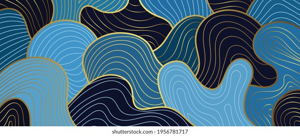Navy blue Gold abstract wave line arts background vector. Luxury wall paper design for prints, wall arts and home decoration, cover and packaging design.