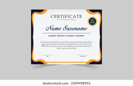 Navy blue and gold certificate of achievement template with gold badge and border