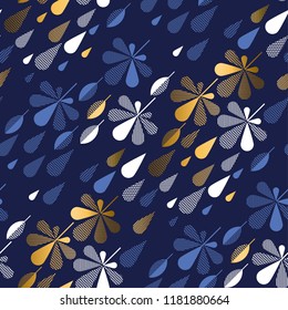 Navy blue and gold geometric fall leaves and rain drops seamless pattern. Geometry concept autumn elegant element for card, invitation, banner, web, header, page, cover, billboard, brochure.