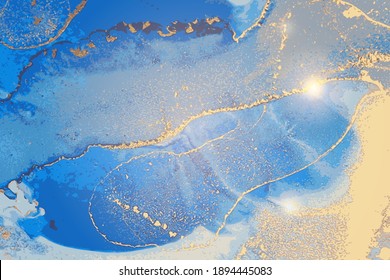 Navy blue and gold pattern with texture of marble and sparkles. Abstract vector background in alcohol ink technique. Modern paint with glitter. Template for banner, poster design. Fluid art painting