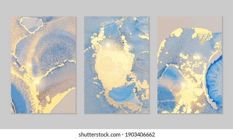 Navy blue and gold pattern with texture of geode and sparkles. Abstract vector background in alcohol ink technique. Modern paint with glitter. Set of templates for banner, poster design. Fluid art