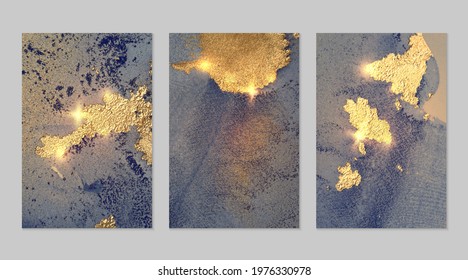Navy blue and gold pattern with texture of geode and sparkles. Abstract vector background in alcohol ink technique. Modern paint with glitter. Set of backdrops for banner, poster design. Fluid art