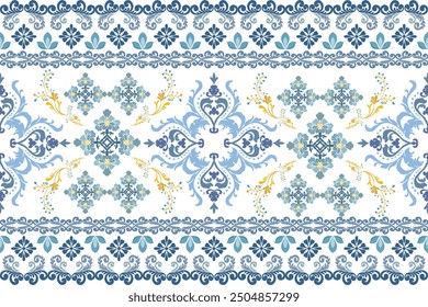 Navy Blue Gold Seamless Damask Pattern Digital Paper: Damask ikat ethnic of paisley and decorative floral branches Ornate Fabric Prints, Elegant Wedding Anniversary Gift Backgrounds, Backdrops Set