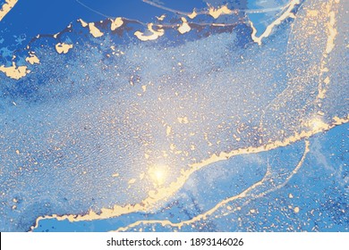 Navy blue and gold stone marble pattern with sparkles. Abstract vector background in alcohol ink technique. Modern paint with glitter. Template for banner, poster design. Fluid art painting