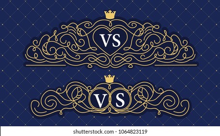 Navy blue with golden line. Decorative ornament frame for wedding monogram. Vector logo for invitation card. Royal luxury elements of design. Place for initials. Label template. Prince background