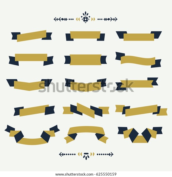Navy blue and golden ribbon banners design\
element set on off white\
background