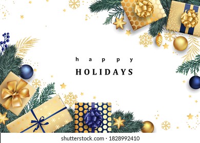 Navy blue and golden stylish Christmas composition with gift boxes