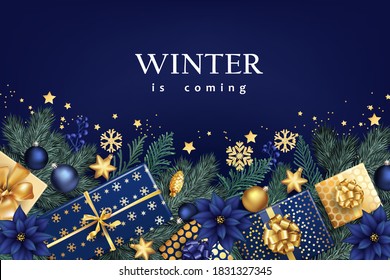 Navy Blue And Golden Stylish Christmas Composition With Gift Boxes