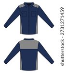 Navy blue and gray long sleeve work shirt mockup. Company uniform template, field shirt, work safety clothing