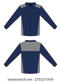 Navy blue and gray long sleeve work shirt mockup. Company uniform template, field shirt, work safety clothing