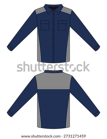 Navy blue and gray long sleeve work shirt mockup. Company uniform template, field shirt, work safety clothing