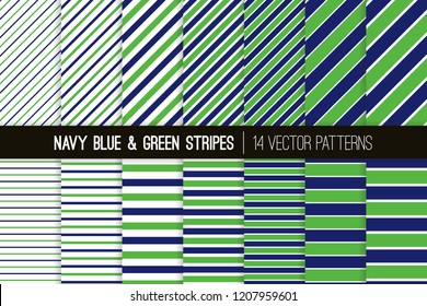 Navy Blue and Green Diagonal and Horizontal Stripes Vector Patterns. Preppy Style Striped Backgrounds. Pin and Candy Stripes. Variable Thickness Lines. Pattern Tile Swatches Included.