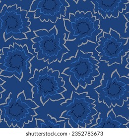 navy blue and grey seamless vector flowers pattern on blue background