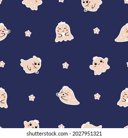 Navy Blue Halloween Vector Seamless Pattern. Cute Kawaii halloween Ghosts and Stars. Fun Wallpaper for Kids Vector illustration