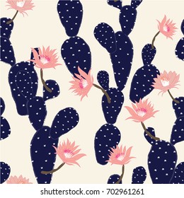 navy blue Hand drawn cactus tropical garden seamless pattern. in light pink background.