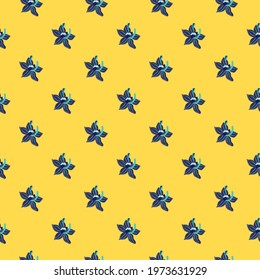 Navy blue hand drawn orchid flowers, seamless doodle pattern. Yellow background. Simple style. Designed for fabric design, textile print, wrapping, cover. Vector illustration.