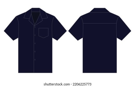 Navy Blue Hawaiian Shirt With Pocket Template On White Background.Front And Back View, Vector File.