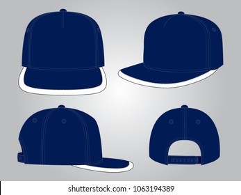 Navy Blue Hip Hop Cap With White Edging Brim Cap and Adjustable Snap Back Closure Strap Design on Gray Background, Vector File.