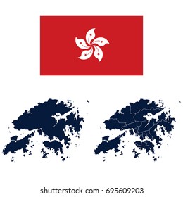 Navy Blue Hong Kong Map and Flag isolated on white background. Vector illustration eps 10.