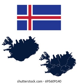 Navy Blue Iceland Map and Flag isolated on white background. Vector illustration eps 10.