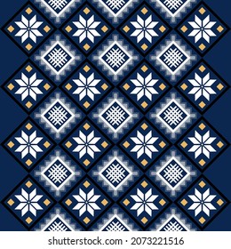Navy Blue Indigo Geometric ethnic oriental seamless pattern thai traditional Design for background,carpet,wallpaper,clothing,wrapping,Batik,fabric,Vector illustration.embroidery style