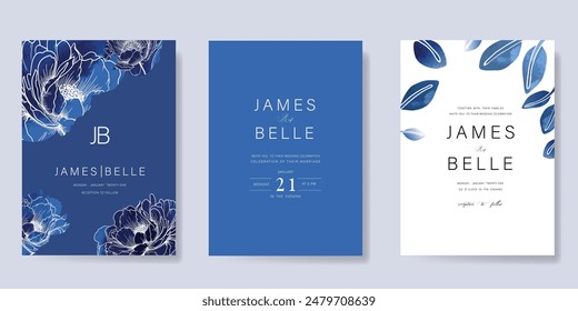 Navy Blue , Indigo Luxury Wedding Invitation, start invite thank you, rsvp modern card Design in Night sky with  little star moon sun and space decorative Vector elegant rustic template