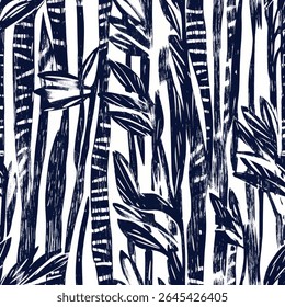 Navy blue ink brush strokes depicting bamboo, on linen fabric print pattern, cotton, silk, vector illustration, doodle summer, kids and baby designs for print fabric.