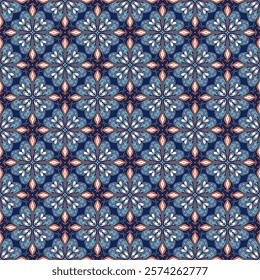 Navy Blue Islamic Ornamental Seamless Pattern. Oriental Style Ornament. Floral Tile Motif. Colorful Abstract Geometric Background. Vector illustration